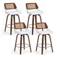 Artiss Wooden Swivel Bar Stools Set of 4 60cm Seat Height White PU Rattan Plywood Legs Chrome Footrest