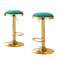 2x Artiss Bar Stools Green Velvet Gold Frame Swivel Kitchen Dining Chairs, Height Adjustable, Padded Seat 62-82.5cm