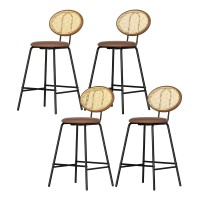 Artiss Raye 4x Bar Stools - Brown PU Leather, Rattan Back, Steel Frame, 150kg Capacity, Easy Assembly