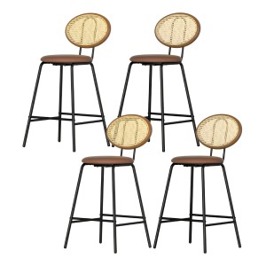 Artiss Raye 4x Bar Stools - Brown PU Leather, Rattan Back, Steel Frame, 150kg Capacity, Easy Assembly