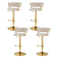 Artiss Vivien 4x Bar Stools Gas Lift Velvet Ivory, Hand-Woven Backrest, Swivel, Adjustable Height, 61-81cm