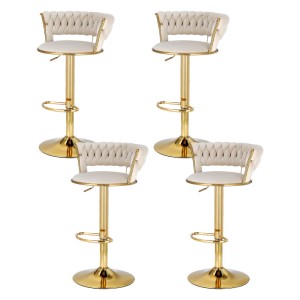 Artiss Vivien 4x Bar Stools Gas Lift Velvet Ivory, Hand-Woven Backrest, Swivel, Adjustable Height, 61-81cm