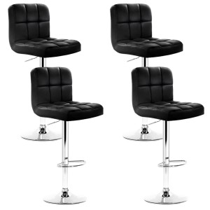 Artiss 4x Black Bar Stools PU Leather, Gas Lift, 360° Swivel, Chrome Base, Chequered Backrest, Adjustable Height