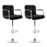 Artiss 2x Black Leather Bar Stools w/ Armrest, Gas Lift, 360° Swivel, Chequeered Backrest, 68-81cm Adjustable Height