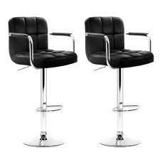 Artiss 2x Black Leather Bar Stools w/ Armrest, Gas Lift, 360° Swivel, Chequeered Backrest, 68-81cm Adjustable Height