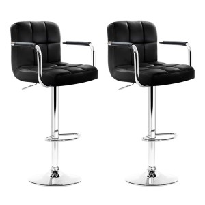 Artiss 2x Black Leather Bar Stools w/ Armrest, Gas Lift, 360° Swivel, Chequeered Backrest, 68-81cm Adjustable Height