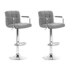 Artiss 2x Noa Bar Stools Grey - Faux Linen, 360° Swivel, Adjustable Gas Lift, Armrest, Chrome Finish, 68-81cm Seat