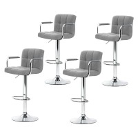 Artiss 4x Noa Bar Stools with Armrest, Grey Faux Linen, Adjustable Gas Lift, 360° Swivel, Chrome Finish, 150kg Capacity