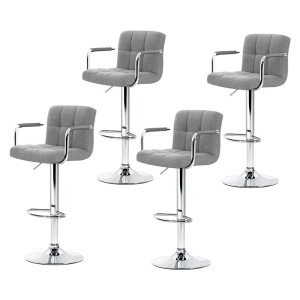 Artiss 4x Noa Bar Stools with Armrest, Grey Faux Linen, Adjustable Gas Lift, 360° Swivel, Chrome Finish, 150kg Capacity