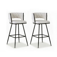 Artiss 2x Vivien Bar Stools - Woven Velvet, Metal, Ivory, 75cm, Ergonomic Design, Cushioned Back, 120kg Capacity