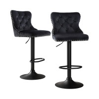 Artiss 2x Velvet Bar Stools Adjustable Height 63-83.5cm, Nailhead Trim, Metal Frame, Padded Seat, Black
