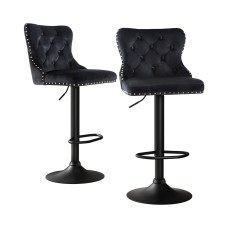 Artiss 2x Velvet Bar Stools Adjustable Height 63-83.5cm, Nailhead Trim, Metal Frame, Padded Seat, Black