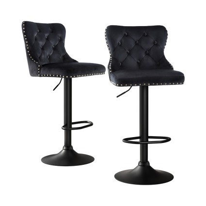 Artiss 2x Velvet Bar Stools Adjustable Height 63-83.5cm, Nailhead Trim, Metal Frame, Padded Seat, Black