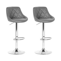Artiss 2x Bar Stools Grey PU Leather, 360° Swivel, Gas Lift Adjustable, Chrome Finish, Foam Padded, Rhombus Backrest