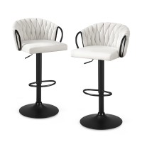 Artiss Set of 2 Adjustable Velvet Bar Stools, Ergonomic Woven Design, 82-102cm Height, Ivory, Durable Metal Frame