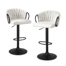 Artiss Set of 2 Adjustable Velvet Bar Stools, Ergonomic Woven Design, 82-102cm Height, Ivory, Durable Metal Frame