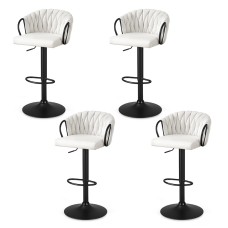Artiss Set of 4 Adjustable Velvet Bar Stools, Ergonomic Woven Design, Gaslift, Metal Armrests, Ivory, 82-102cm Height