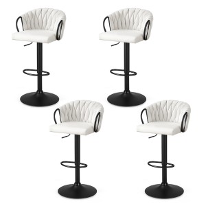 Artiss Set of 4 Adjustable Velvet Bar Stools, Ergonomic Woven Design, Gaslift, Metal Armrests, Ivory, 82-102cm Height