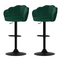Artiss Bar Stools, Velvet Upholstery, Adjustable Height, Green, 2-Pack - Luxury Clam Shell Design with 360° Swivel
