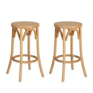 Artiss Bar Stools, Rattan Seat, Beech Wood Frame, 65cm Height, Pine Colour, Set of 2, 150kg Capacity, Easy Assembly