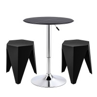 Artiss 3PCS Bar Table and 2 Stackable Puzzle Stools Set Adjustable Height 360-degree Swivel PVC Leather Black