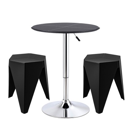 Artiss 3PCS Bar Table and 2 Stackable Puzzle Stools Set Adjustable Height 360-degree Swivel PVC Leather Black