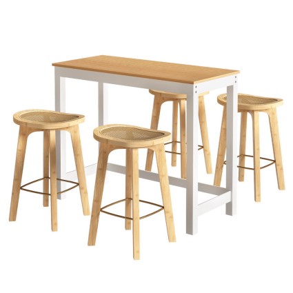 Artiss Elegant Bar Table & Stools Set - Solid Wood & Bamboo, Rattan Seats, Easy Assembly, 1-Year Warranty Included