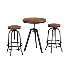 Artiss Industrial Bar Table and Stools Set - Elm Wood Top, Steel Frame, Adjustable Height, 360° Swivel, 1-Year Warranty