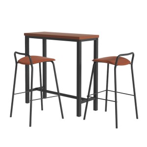 Artiss Bar Table and Stools Set, Industrial MDF Top, Steel Frame, Brown 100x40cm, 2 PU Chairs, Kitchen Dining