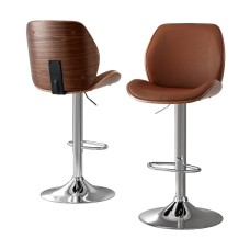 Artiss Bar Stools Set of 2 Brown PU Leather, Bentwood Backrest, Adjustable Height 98-120cm, 150kg Capacity