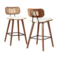 Artiss Set of 2 Bar Stools Kitchen Counter Chairs Rattan Backrest PU Leather Walnut Frame 64cm Beige
