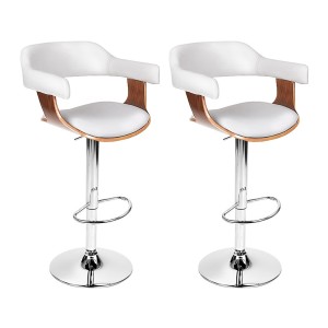 Artiss 2x Bar Stools - White PU Leather, Wooden Structure, Chrome Gas Lift, 90-110cm, Swivel, Armrest, Modern Design