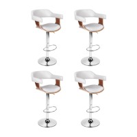 4x Artiss Bar Stools Gas Lift Height Adjustable White PU Leather with Armrest, Wooden Seat, Chrome Base, 88-109cm