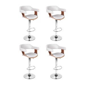 4x Artiss Bar Stools Gas Lift Height Adjustable White PU Leather with Armrest, Wooden Seat, Chrome Base, 88-109cm
