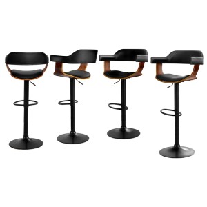 Artiss 4x Bar Stools Gas Lift PU Leather with Armrest, 62-82cm Adjustable Height, All Black, Steel Base