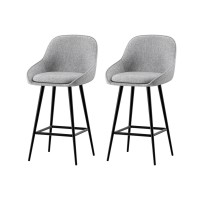 Artiss 2x Bar Stools Linen Upholstered, 60cm Counter Height Chairs with Curved Backrest, Grey & Black, Metal Legs