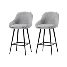 Artiss 2x Bar Stools Linen Upholstered, 60cm Counter Height Chairs with Curved Backrest, Grey & Black, Metal Legs