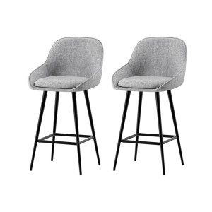 Artiss 2x Bar Stools Linen Upholstered, 60cm Counter Height Chairs with Curved Backrest, Grey & Black, Metal Legs