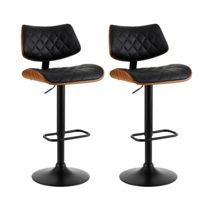 Artiss 2x Quilla Bar Stools Black PU Leather Bentwood Seats Gas Lift Swivel Adjustable Height with Metal Base