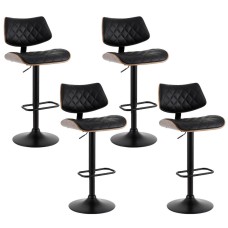 Artiss Quilla 4x Bar Stools Black PU Leather & Bentwood, Adjustable Height, Swivel Kitchen Dining Chairs 93–115cm