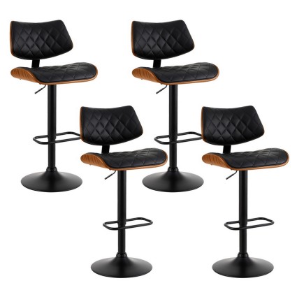 Artiss Quilla 4x Bar Stools Black PU Leather Bentwood Swivel Adjustable Gas Lift Kitchen Dining Seating