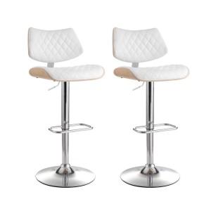 Artiss Quilla 2x Bar Stools White PU Leather, Bentwood, Gas Lift, Swivel Kitchen Dining Chairs, 56.5-78.5cm Height