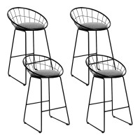 Artiss 4x Bar Stools with Faux-Linen Padded Seats, 65cm Height, Powder-Coated Steel Frame, Black, Anti-Slip Protectors