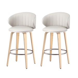 Artiss 2x Bar Stools - Beige PU Leather, 65cm Seat Height, Walnut Wood Frame, Ergonomic Backrest, Anti-Slip Protectors