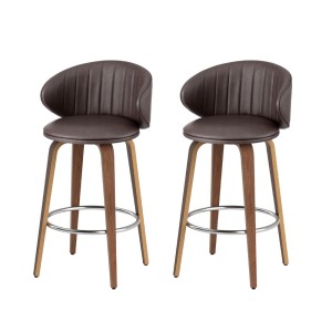Set of 2 Artiss Bar Stools Dining Chairs PU Leather Walnut Wood 65cm Padded Seat Ergonomic Backrest Brown