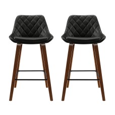 Artiss Set of 2 Bar Stools 68cm Black PU Leather Seat Solid Bentwood Legs Steel Footrest Diamond Backrest