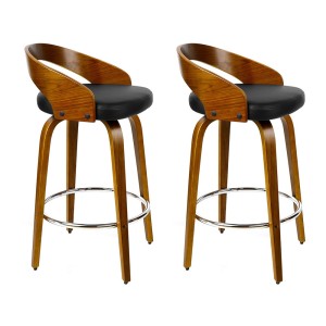 Artiss 2x Swivel Bar Stools with Curving Backrest - Walnut Wood, Black PU Leather Seat, Chrome Footrest, 80cm Height