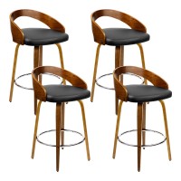 Artiss 4x Walnut Wood Swivel Bar Stools with Black PU Leather Seat, Curved Backrest, Chrome Footrest, 80cm Height