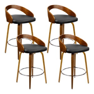 Artiss 4x Walnut Wood Swivel Bar Stools with Black PU Leather Seat, Curved Backrest, Chrome Footrest, 80cm Height