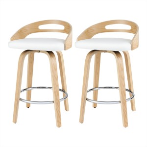 Artiss 2x Swivel Bar Stools White PU Leather, Plywood, Low Back, 64cm Seat, Counter Chairs, Chrome Footrest